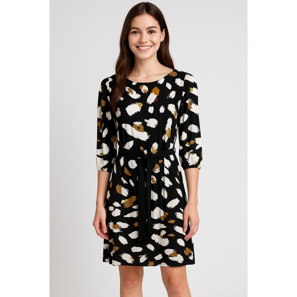 Luxology Women's Small Abstract Print Black Midi Dress 3/4 Sleeve Belted